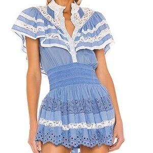 LoveShackFancy Blue and White Ruffle Mini Dress